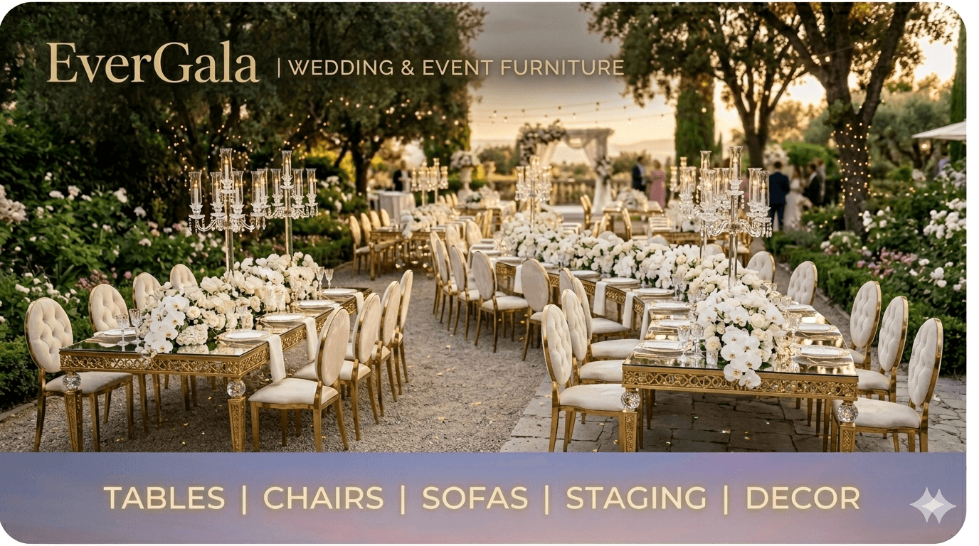 EverGala Custom Gold Stainless Steel & Glass Wedding Table and Ivory Upholstered Chair Banner for Luxury Outdoor Events.
