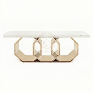 Luxury rectangular marble dining table featuring unique octagonal and round combination stainless steel legs, elegant stone top wedding furniture.