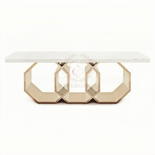 Luxury rectangular marble dining table featuring unique octagonal and round combination stainless steel legs, elegant stone top wedding furniture.
