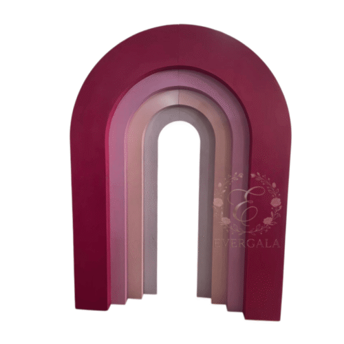 3d-layered-arch-wedding-backdrop-wall Luxury 3D layered arch backdrop wall in magenta and pink for modern wedding stage decoration