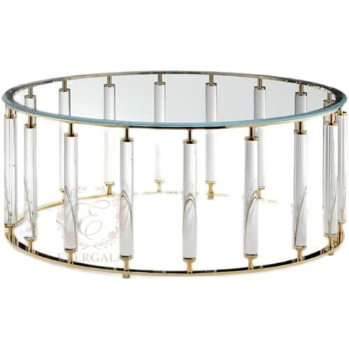 Clear acrylic round coffee table, modern luxury stainless steel small glass sofa side table for living room
