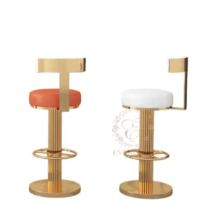 Elegant all-white bar stool with plush upholstered seat and polished gold metal frame. Adjustable height design, ideal for luxury wedding banquets, bridal receptions, hotel events and upscale commercial venues.