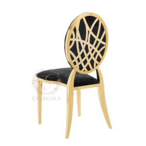 Exquisite Arabesque pattern laser-cut backrest on a gold stainless steel royal chair with black cushion for luxury venues