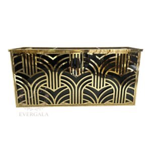 Stunning Art Deco style bar counter with intricate gold fan pattern cutouts, made of reflective stainless steel. Perfect for 1920s themed weddings, Gatsby parties, luxury events and upscale receptions. Customizable sizes available.