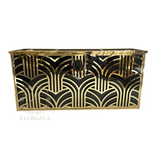 Stunning Art Deco style bar counter with intricate gold fan pattern cutouts, made of reflective stainless steel. Perfect for 1920s themed weddings, Gatsby parties, luxury events and upscale receptions. Customizable sizes available.