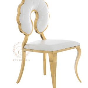Classical gold stainless steel royal chair with an artistic baroque silhouette upholstered backrest, premium furniture for event rentals