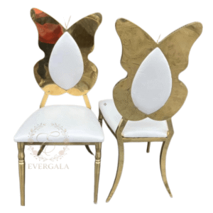 Stunning gold stainless steel wedding chair featuring a creative butterfly-shaped backrest design, decorative furniture for garden-themed events