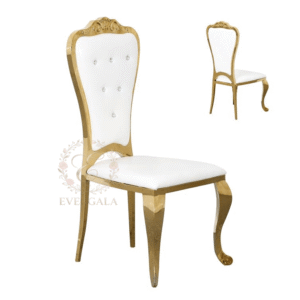 Elegant gold stainless steel banquet chair with a classical white button-tufted backrest, luxury furniture for professional event catering