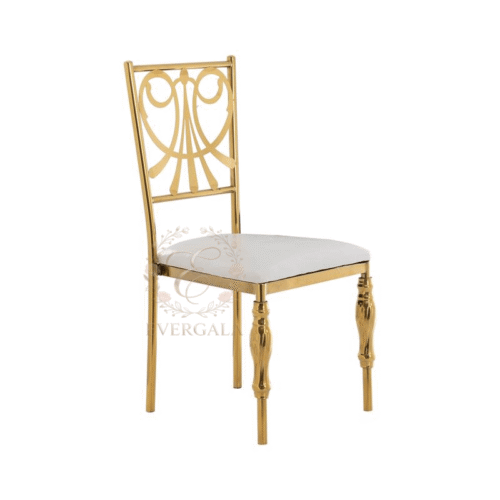 Intricate classical palace style laser-cut backrest on a gold stainless steel wedding chair, ideal for formal ceremonies