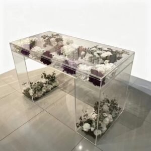 EverGala modern clear acrylic hollow table designed for floral displays and wedding cake stands, featuring a transparent box structure for creative event centerpieces and banquet decor.