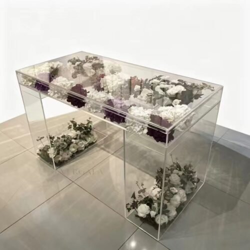 EverGala modern clear acrylic hollow table designed for floral displays and wedding cake stands, featuring a transparent box structure for creative event centerpieces and banquet decor.
