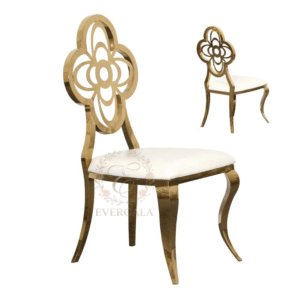 Decorative clover quatrefoil pattern laser-cut backrest stainless steel dining chair with a polished gold finish