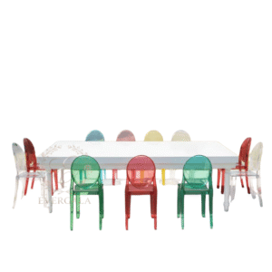 EverGala vibrant colorful acrylic ghost chairs paired with minimalist white rectangular banquet tables, ideal for modern outdoor weddings, creative garden parties, and trendy event rentals.