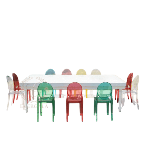 colorful-acrylic-ghost-chairs-white-banquet-table-set (4)1 EverGala vibrant colorful acrylic ghost chairs paired with minimalist white rectangular banquet tables, ideal for modern outdoor weddings, creative garden parties, and trendy event rentals.