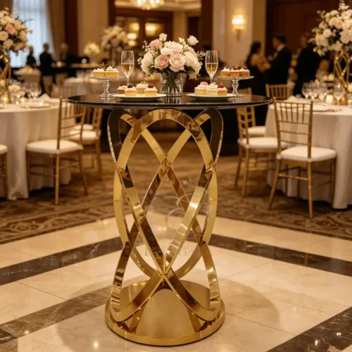 crisscross gold mirror base high cocktail table for wedding receptions (1) crisscross gold mirror base high cocktail table for wedding receptions (1)