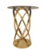 Stunning cocktail table with a reflective gold mirror crisscross base, designed for wedding receptions, gala parties and luxury events. The intricate pattern creates a glamorous focal point.