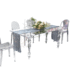 EverGala crystal clear acrylic rectangular dining table with elegant tapered legs and matching ghost chairs, perfectly styled for luxury wedding banquets and floral event decor.