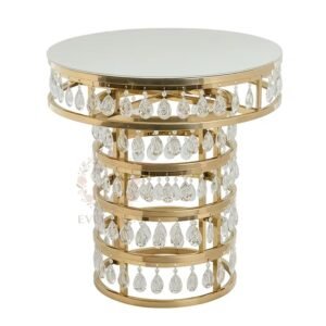 Wholesale round stainless steel cake table featuring decorative hanging crystal raindrops.
