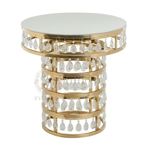 crystal-teardrop-decor-round-cake-table-gold (1) Wholesale round stainless steel cake table featuring decorative hanging crystal raindrops.