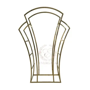Elegant oval-shaped wine rack with a polished gold metal frame. Perfect for displaying beverages and decor at wedding receptions, cocktail bars and luxury events.