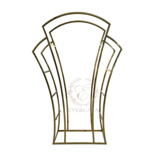 Elegant oval-shaped wine rack with a polished gold metal frame. Perfect for displaying beverages and decor at wedding receptions, cocktail bars and luxury events.