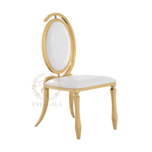 Contemporary gold stainless steel dining chair featuring a unique curved open-back upholstered design, factory direct for event rentals