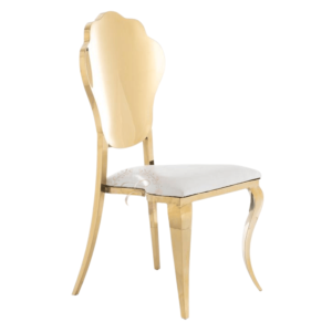 Sophisticated gold stainless steel wedding chair with a slim curved backrest design, high-quality furniture for event rentals