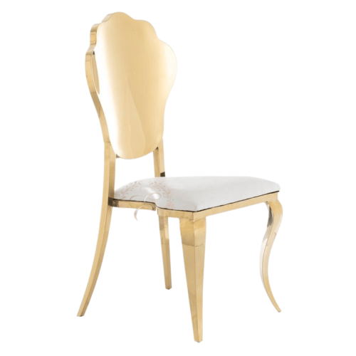 Sophisticated gold stainless steel wedding chair with a slim curved backrest design, high-quality furniture for event rentals