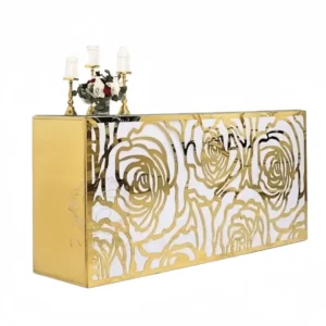 Factory direct custom white and gold floral laser cut stainless steel wedding bar.Ideal for romantic weddings, bridal events, garden parties and hotel receptions. Adds a touch of romance to any venue.