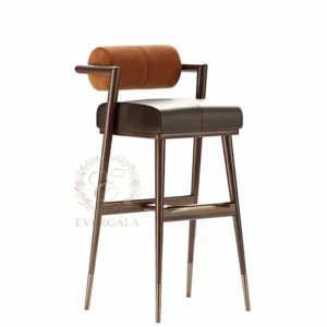 Contemporary luxury bar stool with dark upholstered seat and backrest, supported by slender gold metal legs. High back comfort design, perfect for upscale banquet halls, wedding bars, corporate events and fine dining restaurants.