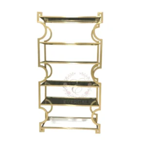 Stylish wine rack with a unique wavy gold metal frame, designed to display wine bottles and glasses. Ideal for wedding receptions, gala dinners and themed events.