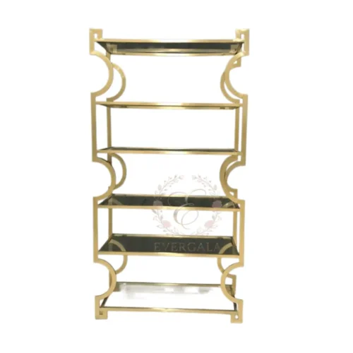 Stylish wine rack with a unique wavy gold metal frame, designed to display wine bottles and glasses. Ideal for wedding receptions, gala dinners and themed events.