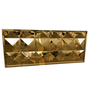 Stunning Art Deco style gold mirror bar counter with intricate cutout patterns, ideal for luxury weddings, gala dinners and themed events. Reflective finish adds glamour to any venue.
