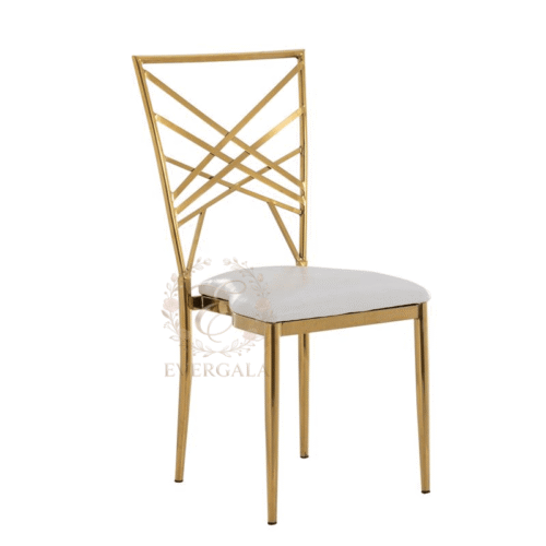 Contemporary gold stainless steel dining chair with a diamond-shaped geometric laser-cut backrest, factory direct supply
