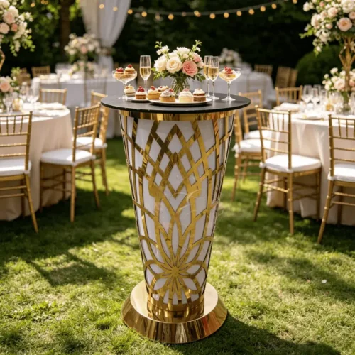 diamond pattern gold mesh high cocktail table for wedding banquet events (1) diamond pattern gold mesh high cocktail table for wedding banquet events (1)
