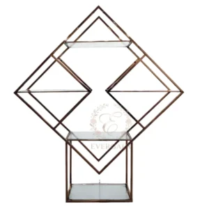 Bold wine rack with an intricate diamond-patterned gold metal frame. Perfect for modern weddings, upscale parties and events seeking a contemporary look.