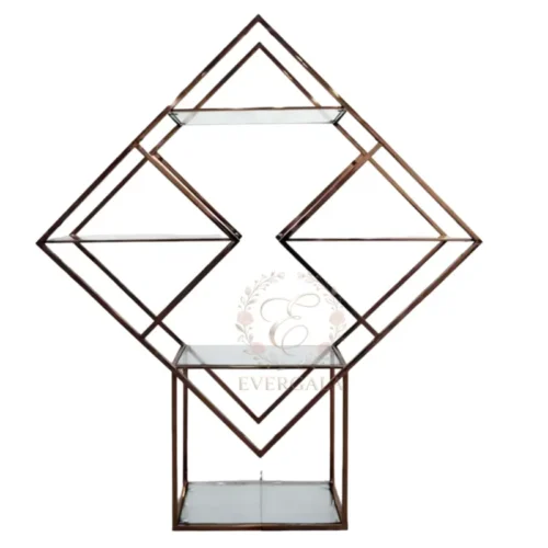 Bold wine rack with an intricate diamond-patterned gold metal frame. Perfect for modern weddings, upscale parties and events seeking a contemporary look.
