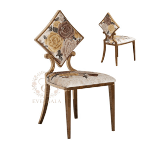 Designer gold stainless steel wedding chair with a unique diamond-shaped upholstered backrest, bespoke furniture for high-end gala events