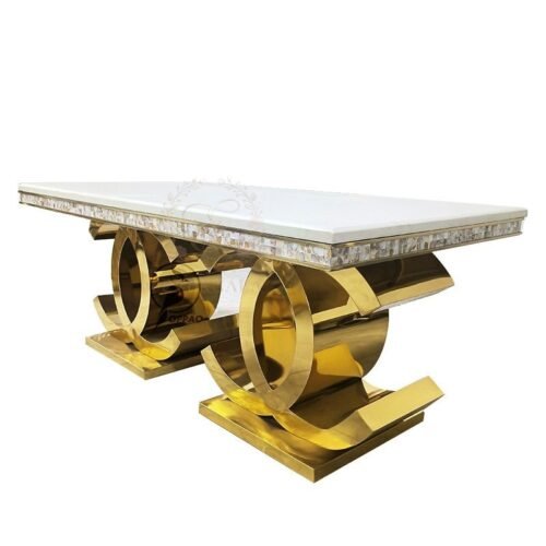 Modern double C-shape metal base dining table, designer stainless steel furniture for high-end wedding venues.