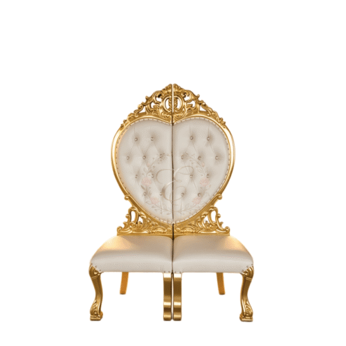 Double heart shaped back wedding chair with gold stainless steel frame.