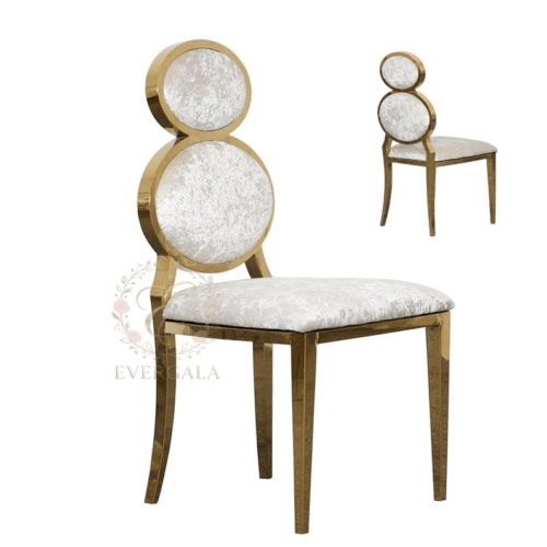 Unique gold stainless steel wedding chair with a double round (gourd-shaped) upholstered backrest, elegant furniture for banquet halls