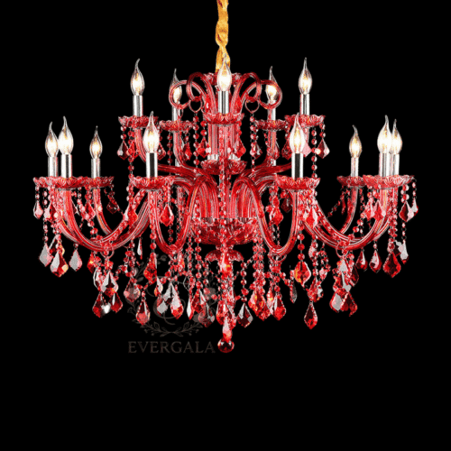 Unique dramatic ruby red crystal chandelier for gothic style weddings and bold event venue decoration