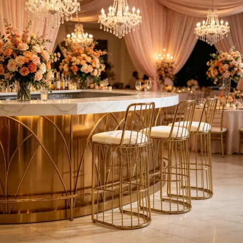 elegant white fabric bar stool gold openwork frame for wedding banquet (1) elegant white fabric bar stool gold openwork frame for wedding banquet (1)