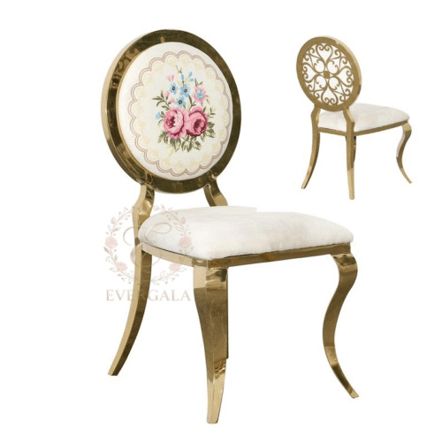 Luxury gold stainless steel royal chair featuring a decorative embroidered floral round backrest, perfect for vintage-themed wedding decor