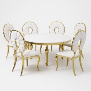 Custom Made Large Round Banquet Table Featuring a White Top and Luxurious Gold Plated Pedestal, High-End Event Decor for Hotel Ballroom, Bespoke Project Furniture Supply from EverGala.
