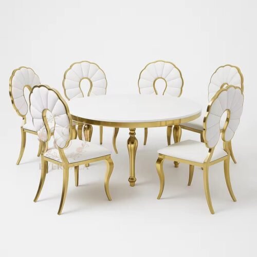 Custom Made Large Round Banquet Table Featuring a White Top and Luxurious Gold Plated Pedestal, High-End Event Decor for Hotel Ballroom, Bespoke Project Furniture Supply from EverGala.