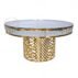 Luxury gold stainless steel event furniture featuring a round glass top and laser cut geometric base, wholesale banquet tables for wedding party, high-end decor supplier by EverGala.