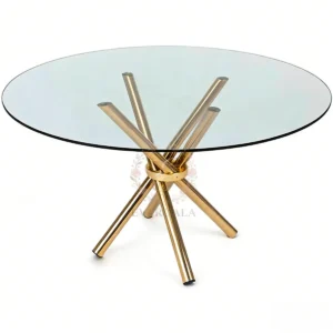 Luxury wedding party table centerpieces featuring a round glass top and twisted stainless steel legs, commercial grade banquet furniture for event venue, bespoke supply by EverGala.