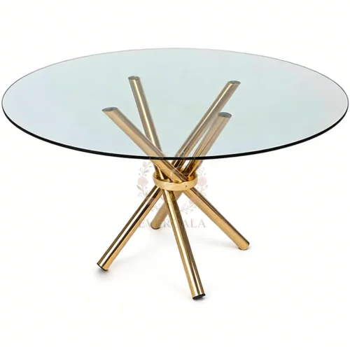Luxury wedding party table centerpieces featuring a round glass top and twisted stainless steel legs, commercial grade banquet furniture for event venue, bespoke supply by EverGala.