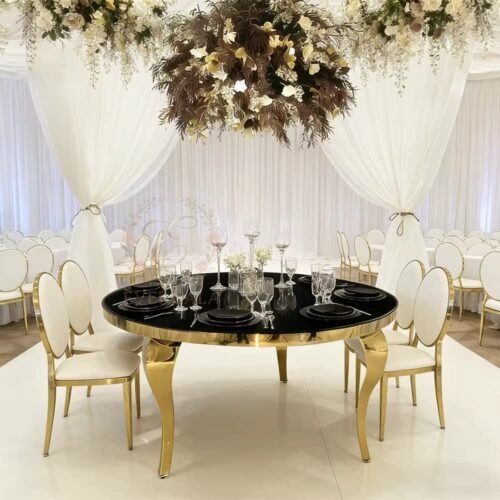 evergala-6-8-seater-black-glass-wedding-table-curved-legs (4) Minimalist banquet table rentals featuring a black tempered glass top and stainless steel cabriole legs, commercial grade event furniture for wedding reception, high-end supply by EverGala.